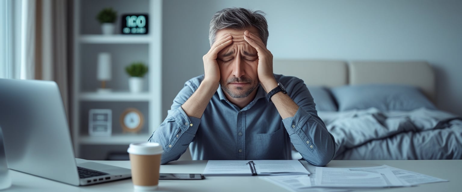 A tired adult sitting at a desk rubbing their eyes with a digital clock showing late night hours and a bed with rumpled sheets in the background.