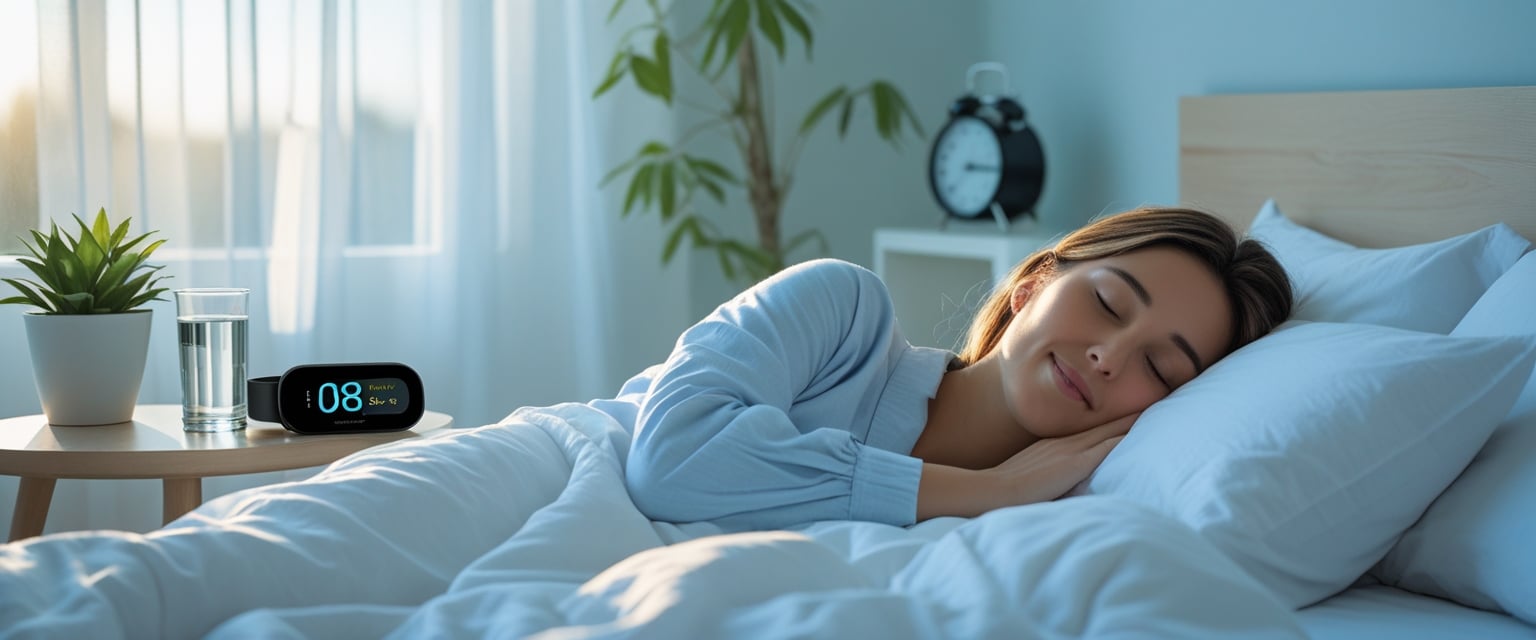A person peacefully sleeping in a bright bedroom with a neatly made bed, a bedside table with a glass of water and alarm clock, and sunlight coming through a window.