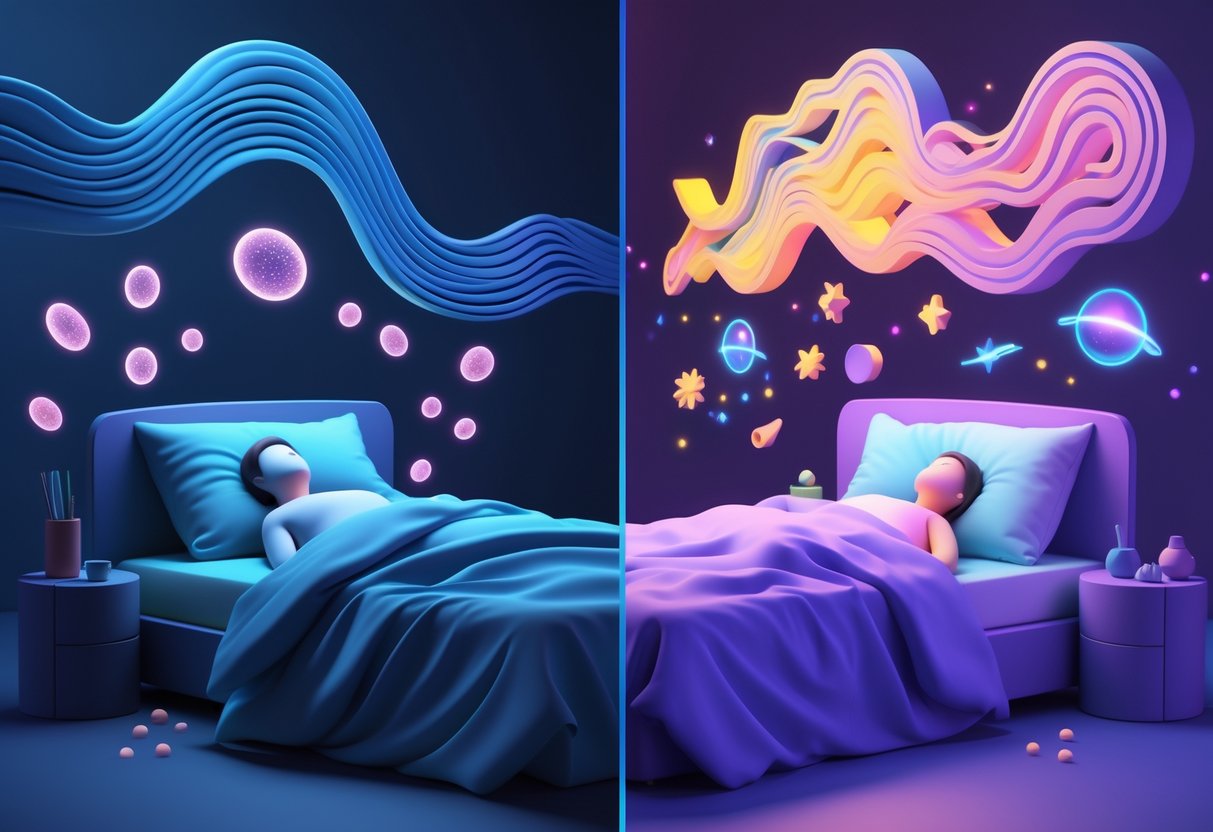 v2-11l3pu-gstem - Preventive Medicine Daily A split scene showing a person sleeping with calm brainwaves and body restoration on one side, and vivid brain activity with dream-like shapes on the other side representing deep sleep versus REM sleep.