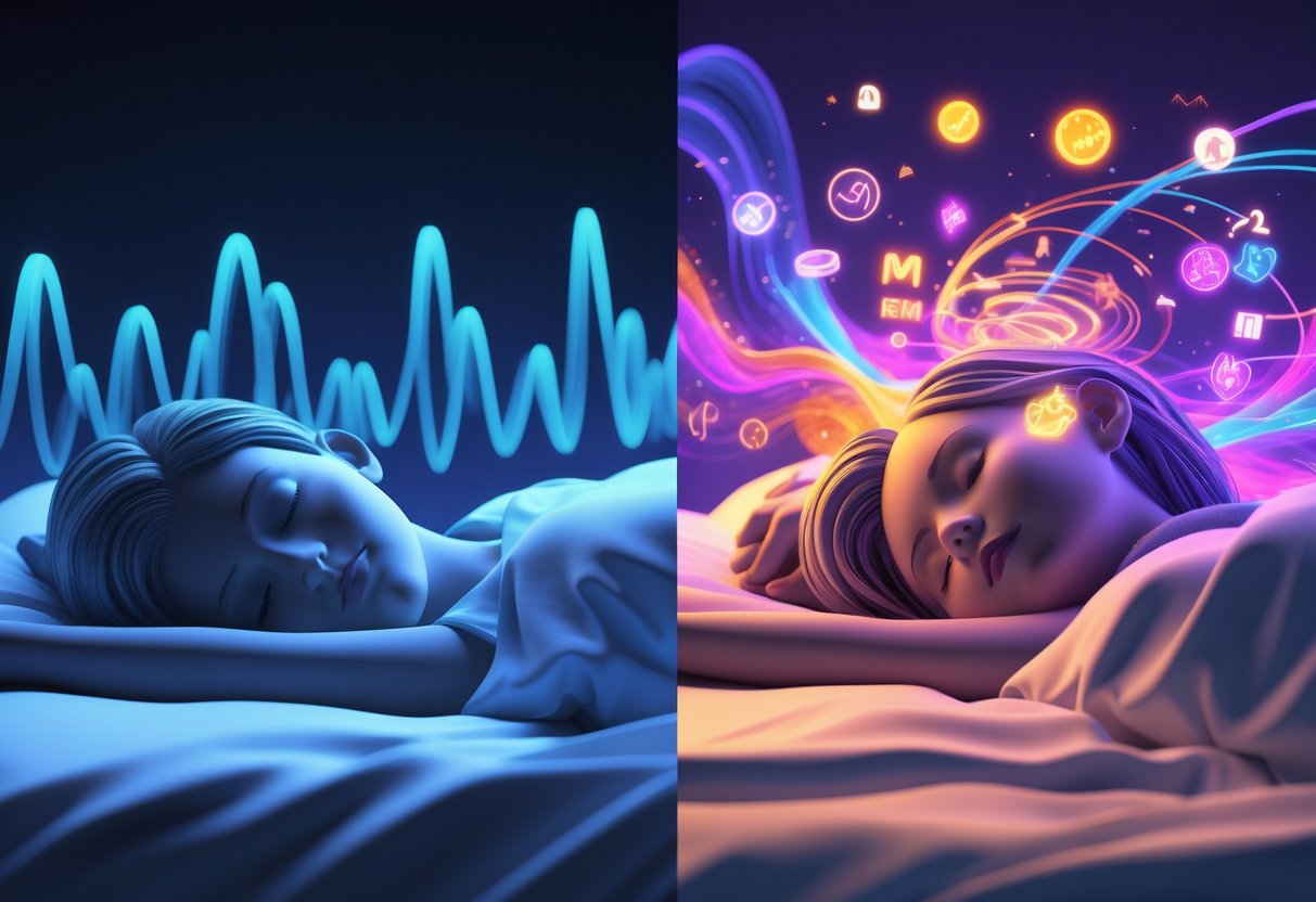 v2-11l3qh-0ytvx - Preventive Medicine Daily 3D illustration showing a sleeping person divided into two parts: one side depicts deep sleep with calm blue brainwave patterns, the other side shows REM sleep with colorful dream-like visuals and active brainwaves.