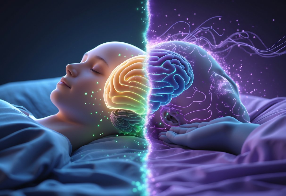 v2-11l3ra-ghwya - Preventive Medicine Daily A split scene showing a person sleeping with the left side illustrating deep sleep with slow brain waves and body relaxation, and the right side showing REM sleep with rapid brain waves, eye movement, and colorful dream patterns.