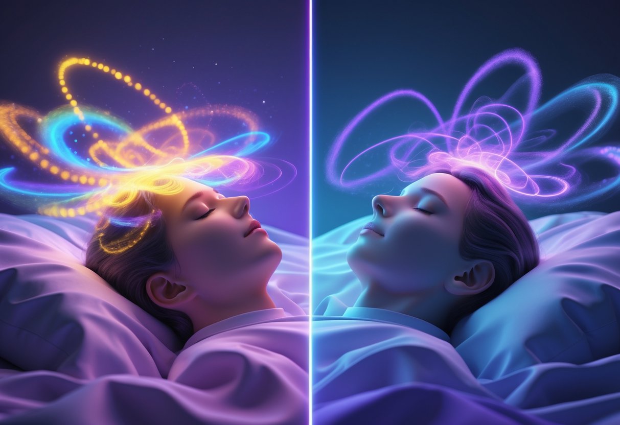 v2-11l3sm-f8h7b - Preventive Medicine Daily A person sleeping with one side showing colorful dream visuals and active brain waves for REM sleep, and the other side showing calm, dark colors representing deep restful sleep.