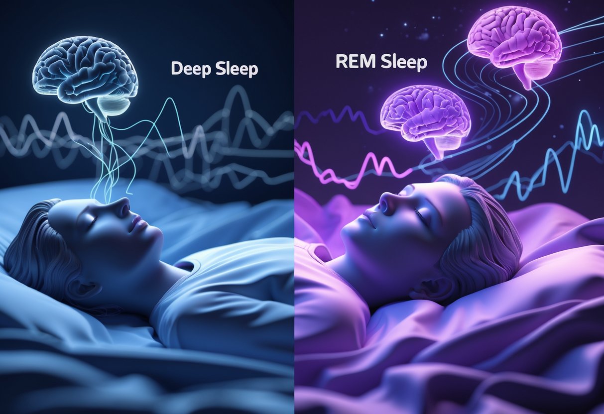 v2-11l3th-qgzdb - Preventive Medicine Daily 3D rendering showing a sleeping person with two contrasting scenes: one calm and blue representing deep sleep with slow brain waves, and one colorful and vibrant representing REM sleep with rapid eye movement and dream imagery.