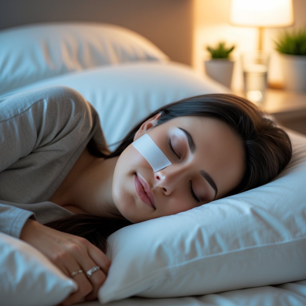 A peaceful woman sleeping on her side with a small piece of medical tape over her lips in a cozy bedroom.