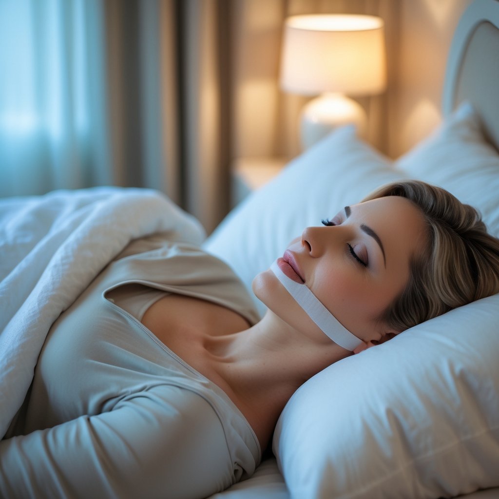 A woman peacefully sleeping on her side with a small piece of tape over her lips in a cozy bedroom.