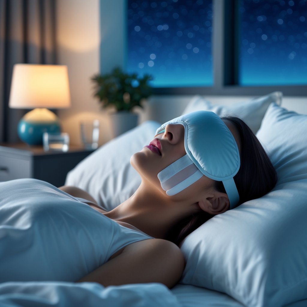 A woman peacefully sleeping in bed with medical tape on her lips in a calm bedroom at night.