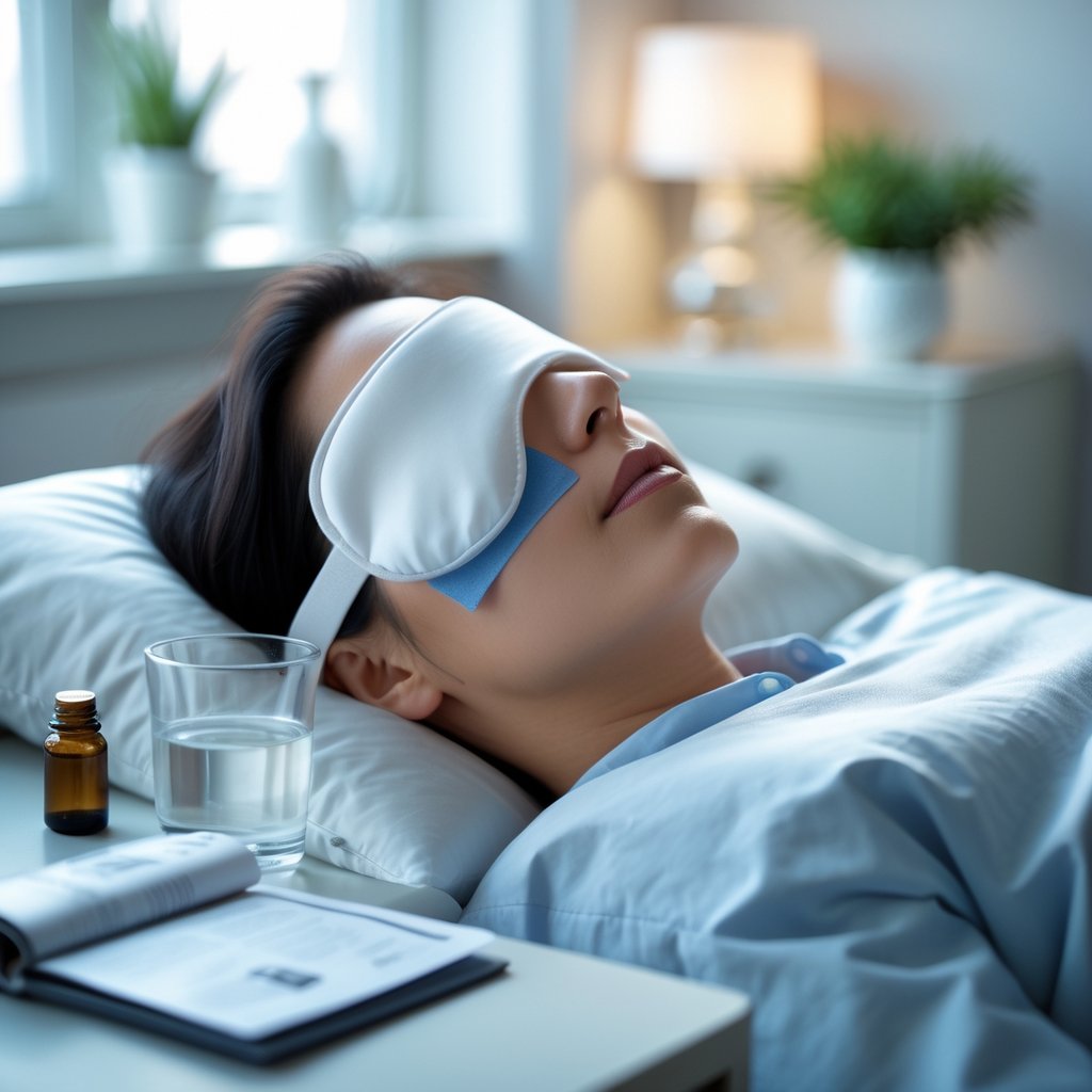 A person lying in bed with medical tape over their closed lips, resting peacefully in a softly lit bedroom.