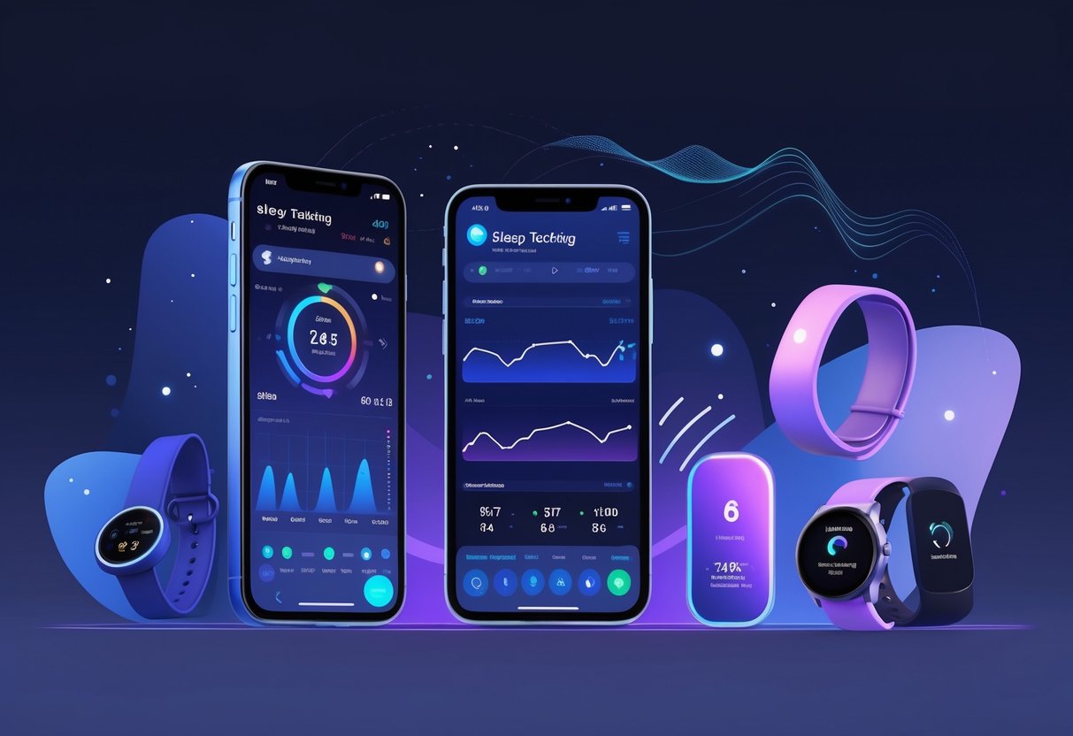 A smartphone showing sleep tracking app data and various sleep tracking devices like a smartwatch and wristband, with digital elements suggesting comparison and accuracy.