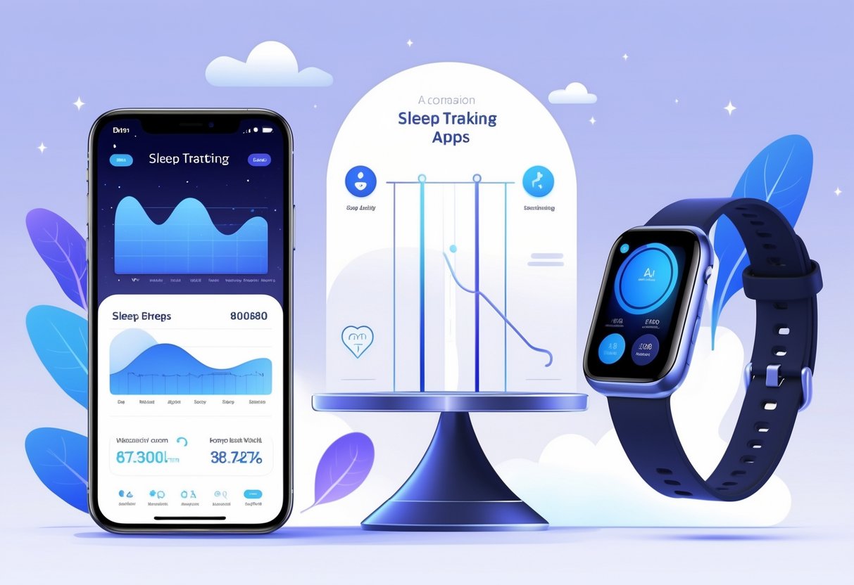 A smartphone displaying a sleep tracking app interface and a person wearing a smartwatch, with visual elements comparing their features and accuracy.