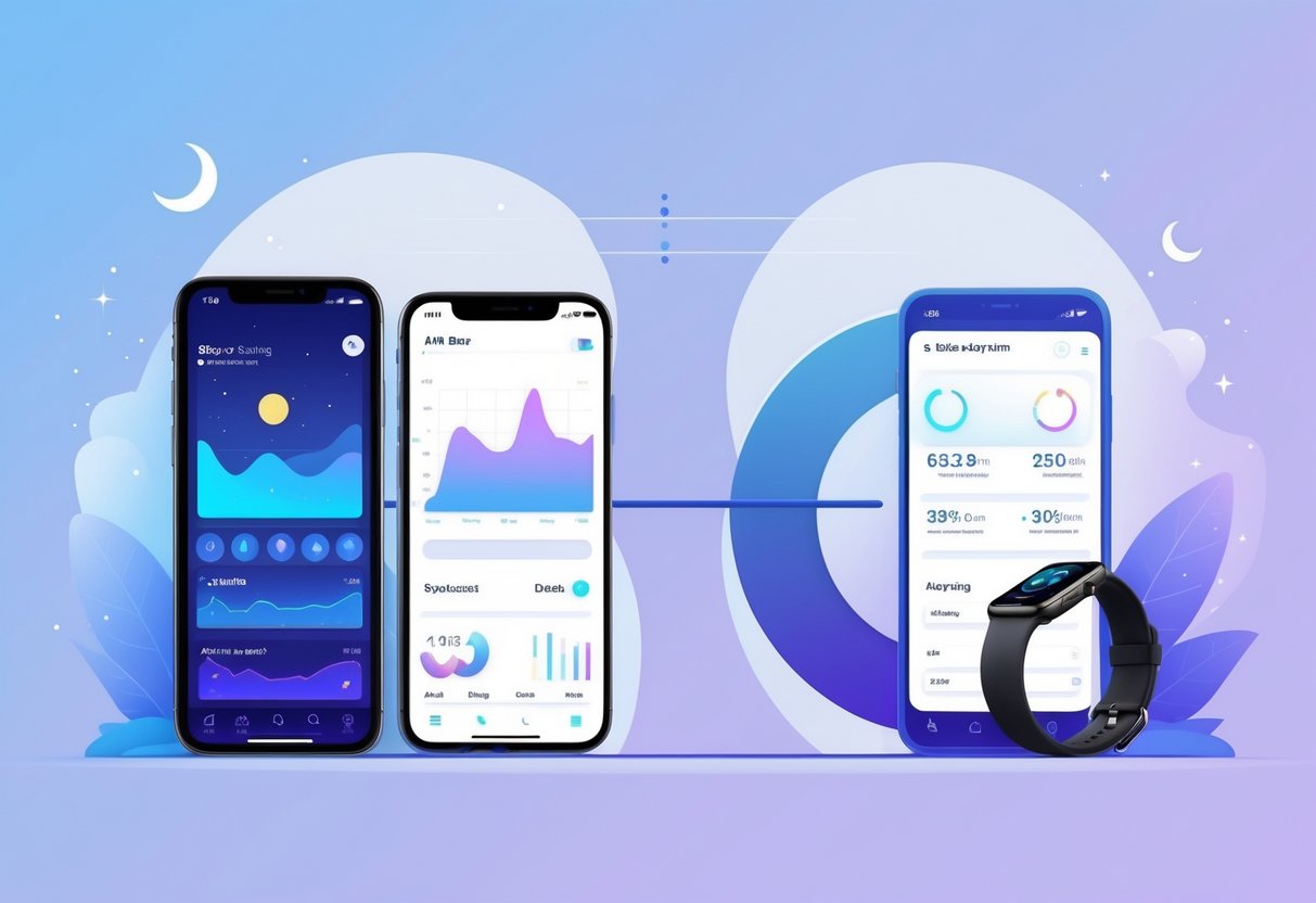 A split image showing a smartphone with a sleep tracking app on one side and a smartwatch displaying sleep data on the other, with a balanced scale between them symbolizing comparison.
