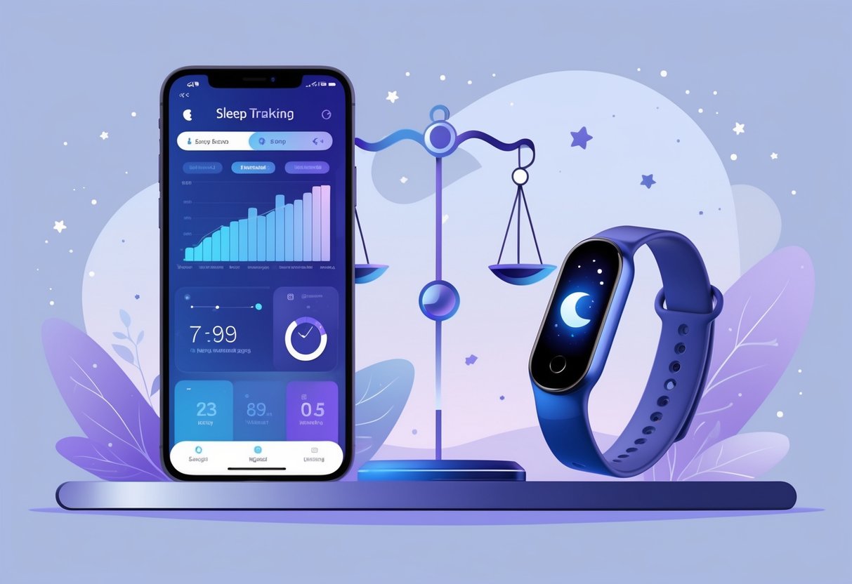 A comparison scene showing a smartphone with a sleep tracking app on one side and a wearable sleep tracking device on the other, set against a calming nighttime background with sleep-related icons.