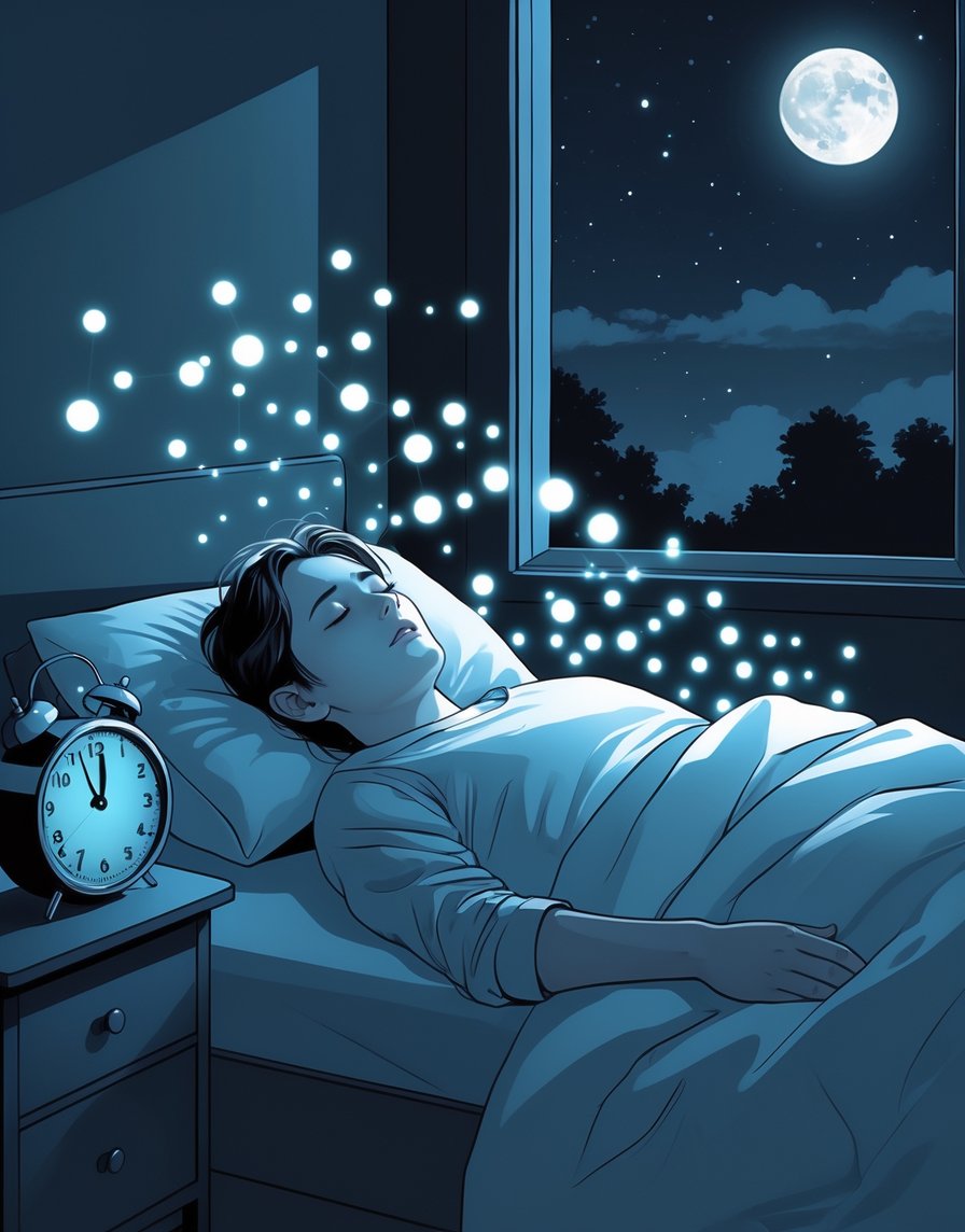A person lying awake in bed at 3 AM with glowing particles around their head representing hormones affecting sleep.