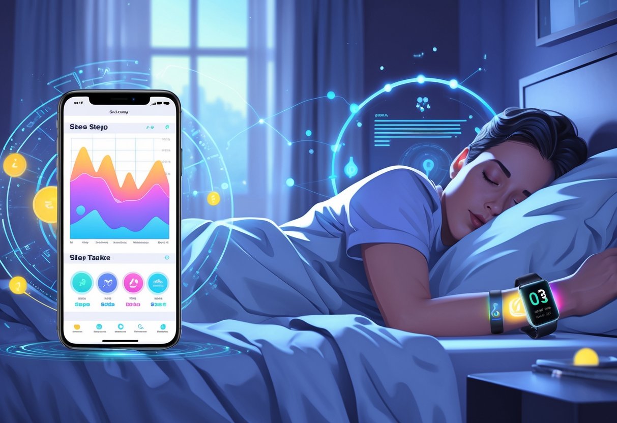 A person sleeping peacefully in a bedroom with a smartphone showing sleep data graphs on one side and a wearable sleep tracking device on their wrist, surrounded by digital data and technology elements.