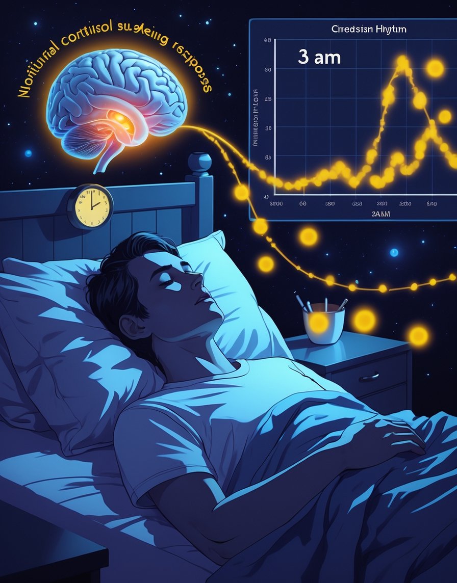 A sleeping person with a clock showing 3 AM, surrounded by illustrations of brain and adrenal glands releasing hormones, representing the biological process causing cortisol surges during the night.