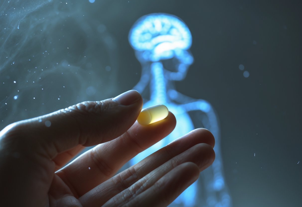 A close-up of a hand holding a small melatonin pill with a softly glowing human silhouette and brain outline in the blurred background.