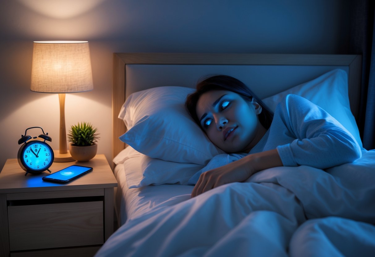 A person lying awake in bed at night, looking frustrated with a glowing smartphone on the bedside table and an alarm clock showing late hours.