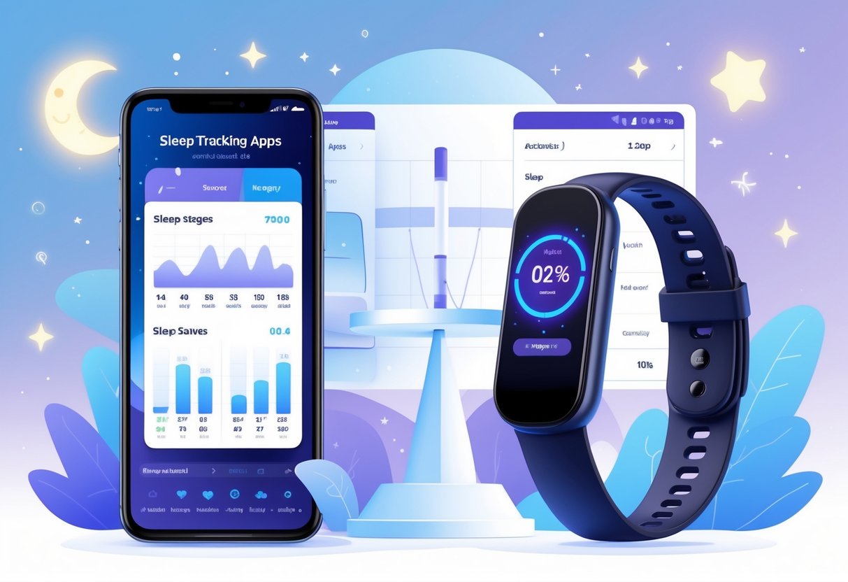 An illustration showing a smartphone with a sleep tracking app on one side and a wearable sleep tracking device on the other, with a balanced scale in the center symbolizing comparison.