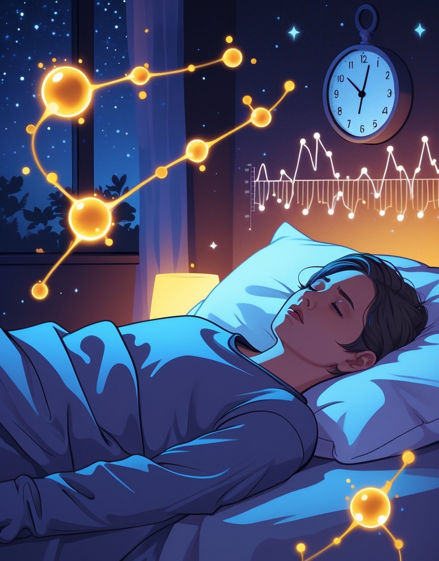 A person awake in bed at 3 AM surrounded by glowing abstract hormone molecules representing cortisol and stress, with a faint graph in the background.