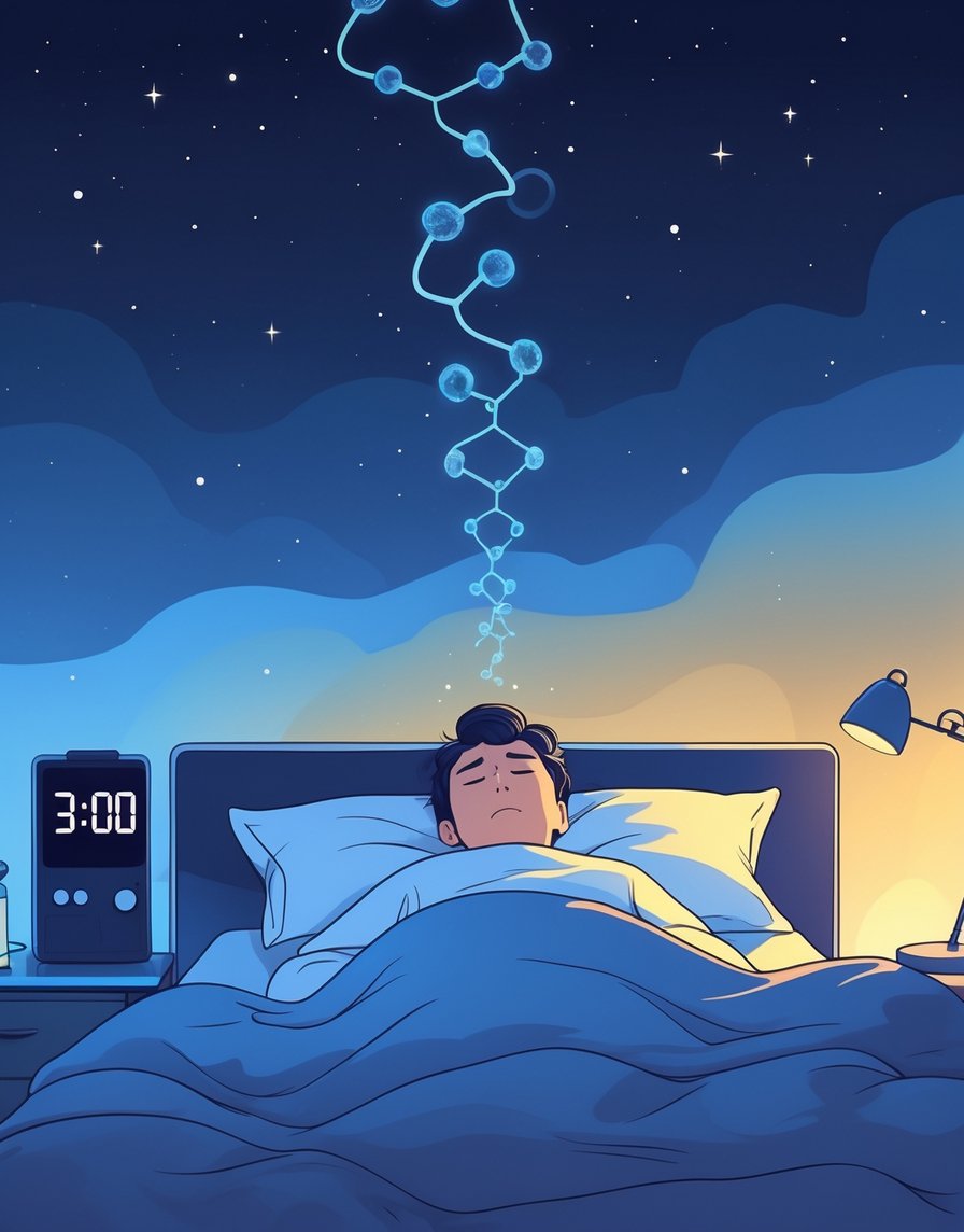 A person lying awake in bed at 3 AM with a digital clock showing the time and stylized hormone symbols rising above them, set against a night-to-dawn background.