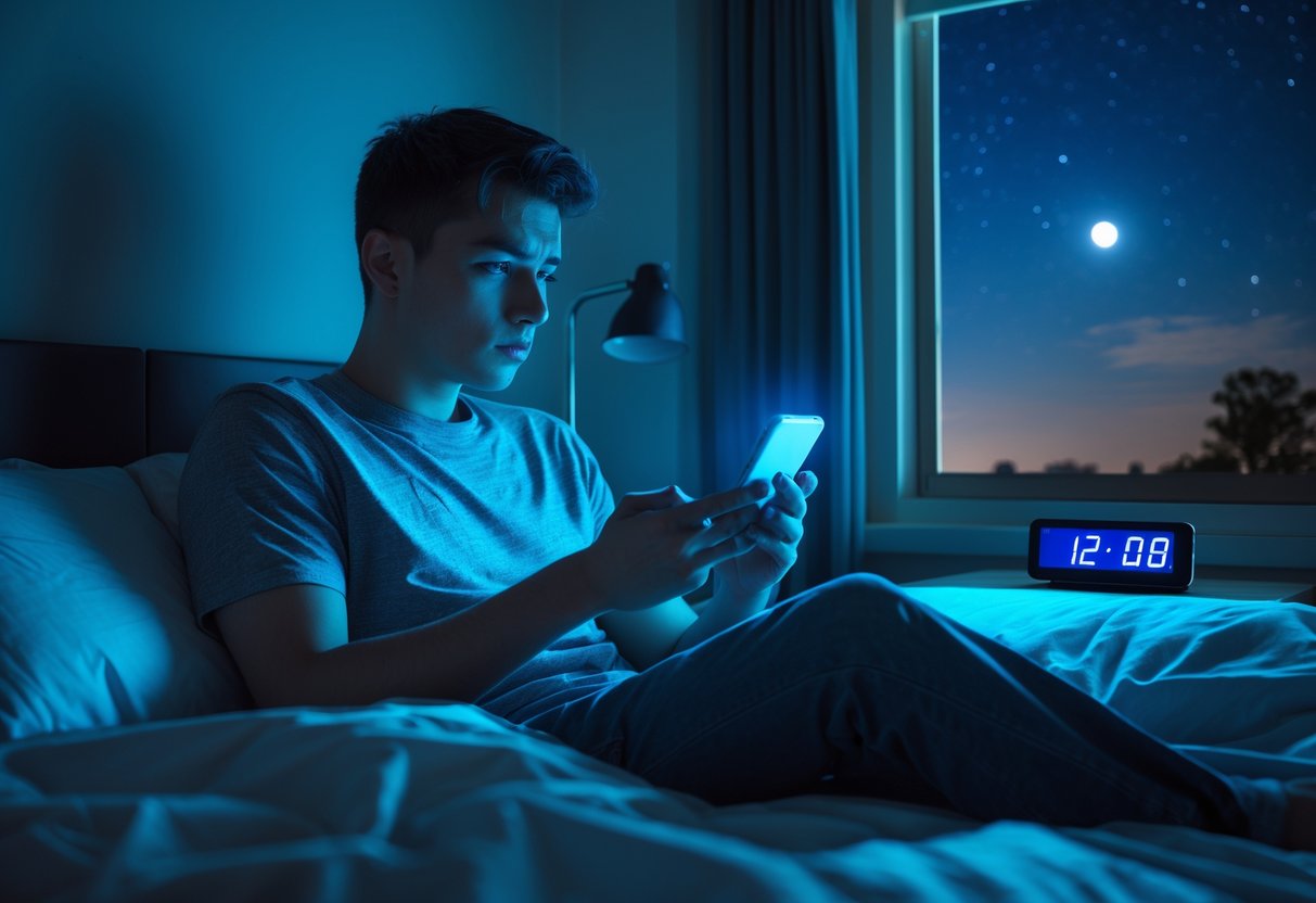 A young adult sitting on a bed at night, looking tired while using a smartphone in a dimly lit bedroom.