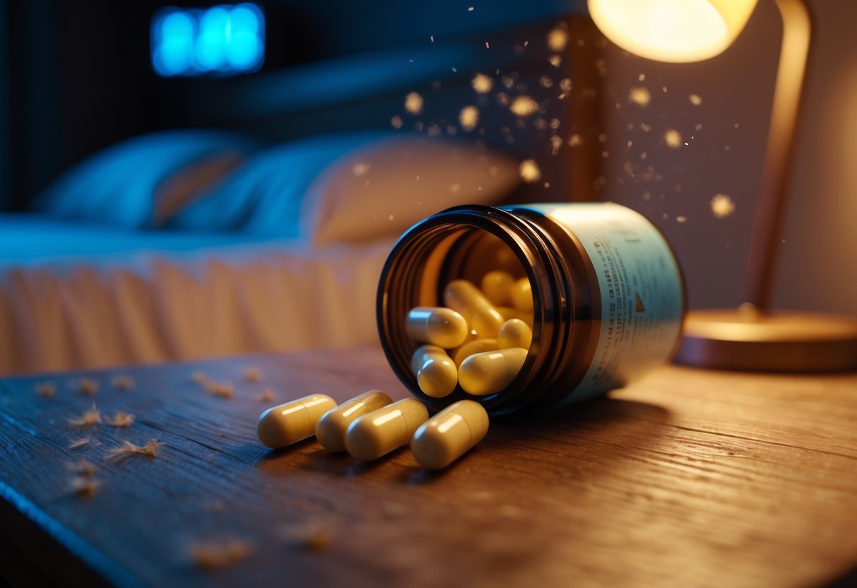 Close-up of a bedside table at night with an open bottle of melatonin capsules spilling onto the wooden surface, with a blurred cozy bedroom and alarm clock in the background.