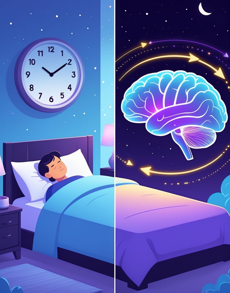 A person sleeping peacefully in bed at night with a clock showing 3 AM, alongside a scientific illustration of the brain and adrenal glands showing balanced cortisol molecules.