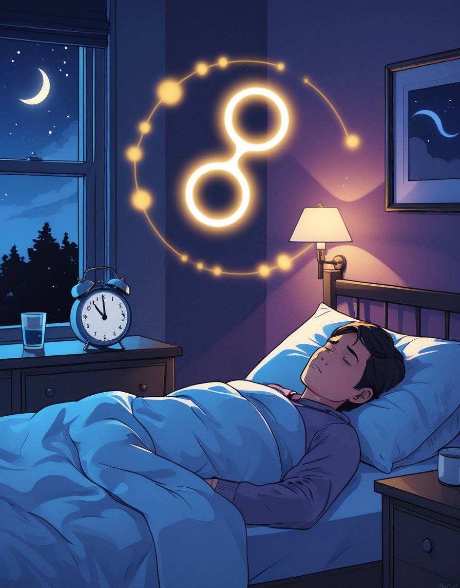 A person awake in bed at 3 AM with a clock showing the time and a glowing hormone symbol above, visible night sky with moon and stars outside the window.