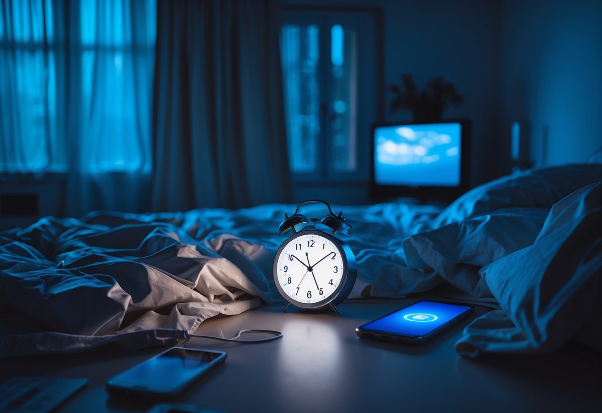 A cluttered bedroom with an unmade bed, glowing alarm clock, smartphone emitting blue light, and a television turned on.