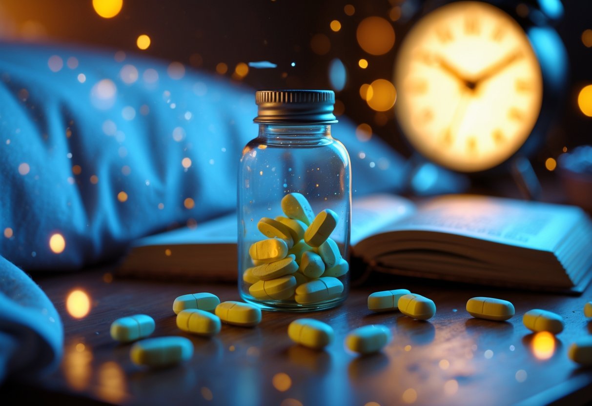 A close-up of a bedside table at night with a bottle of melatonin pills, some pills scattered nearby, a digital alarm clock showing the time, and a partially open book.