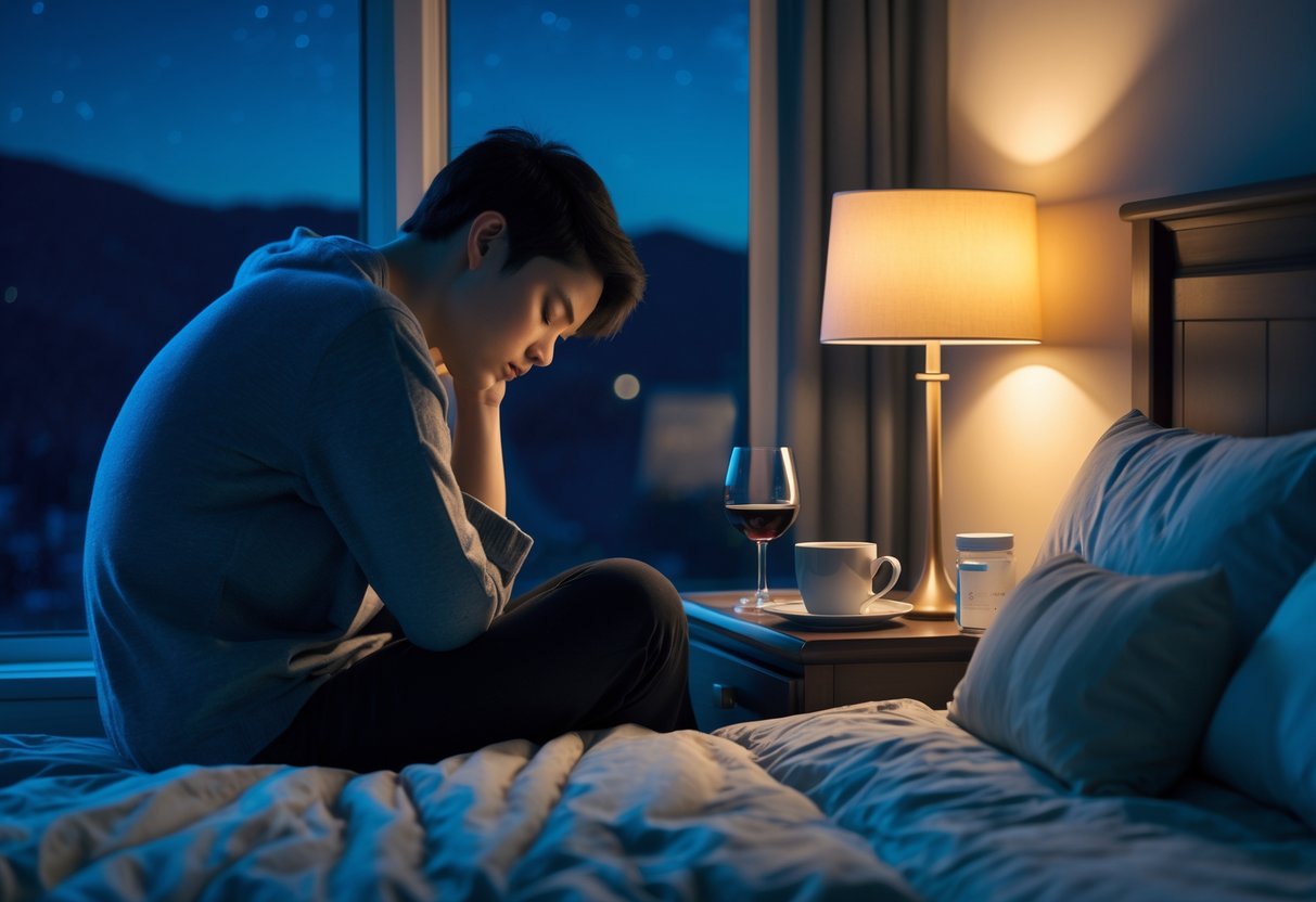 A person sitting on the edge of a bed at night looking tired, with a bedside table holding a glass of wine, a cup of coffee, and a bottle of pills.