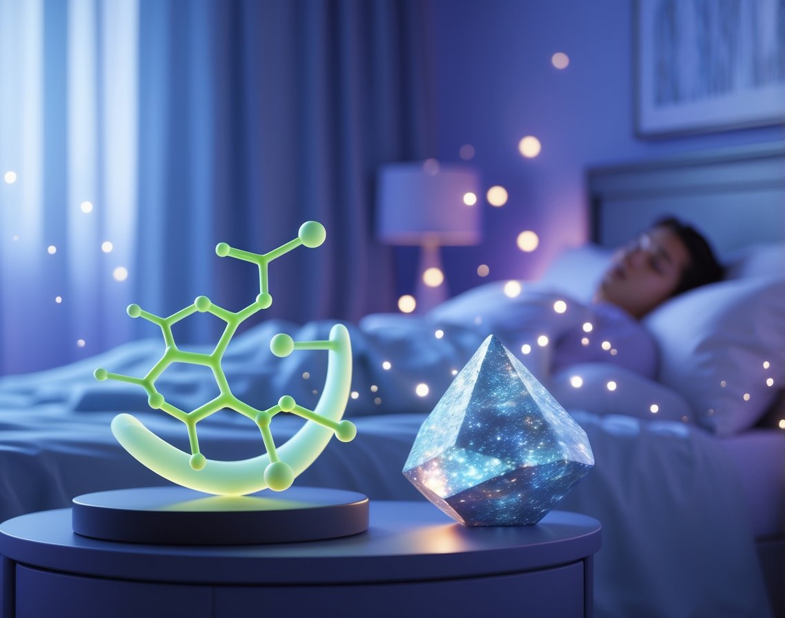 A peaceful bedroom at night showing glowing molecular structures representing L-Theanine and Magnesium near a person sleeping soundly in bed.