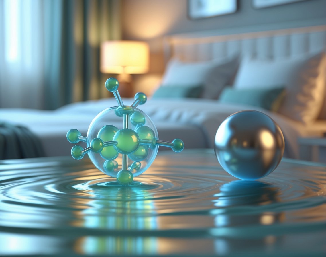 A 3D scene showing glowing molecular models of L-Theanine and magnesium floating above a calm water surface with a peaceful bedroom in the background.