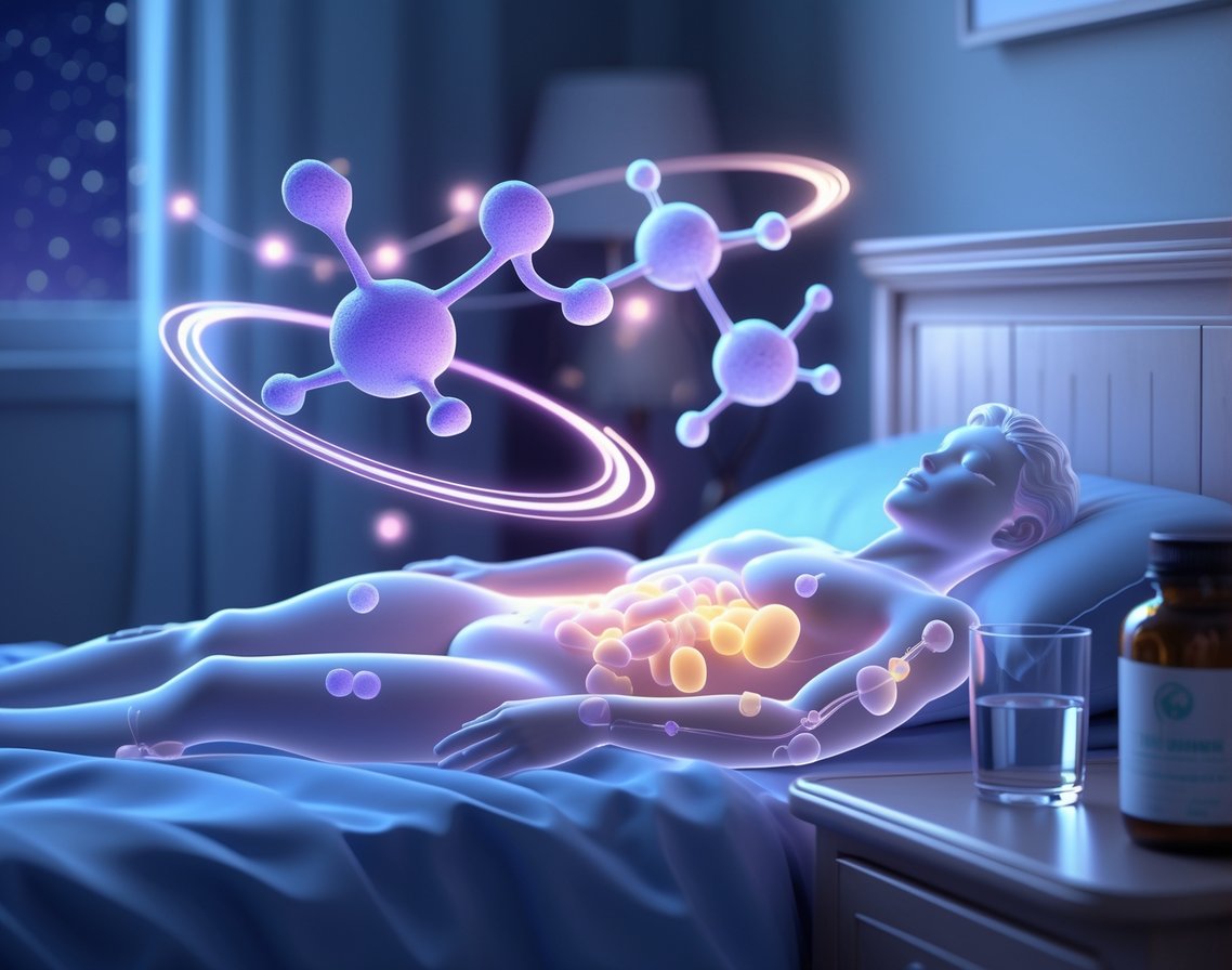 A peaceful sleeping person surrounded by glowing magnesium and L-theanine molecules in a calm bedroom setting.