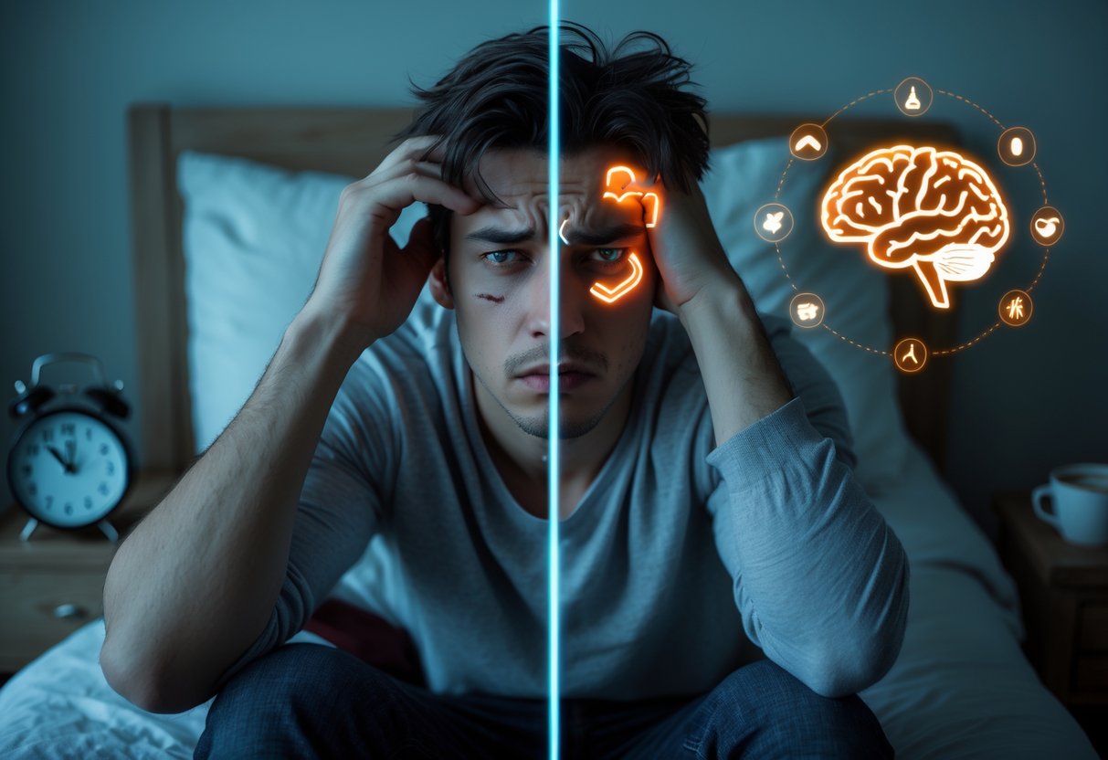 A tired young man sitting on a bed rubbing his eyes with visual overlays showing effects on the brain, heart, and stomach from lack of sleep.