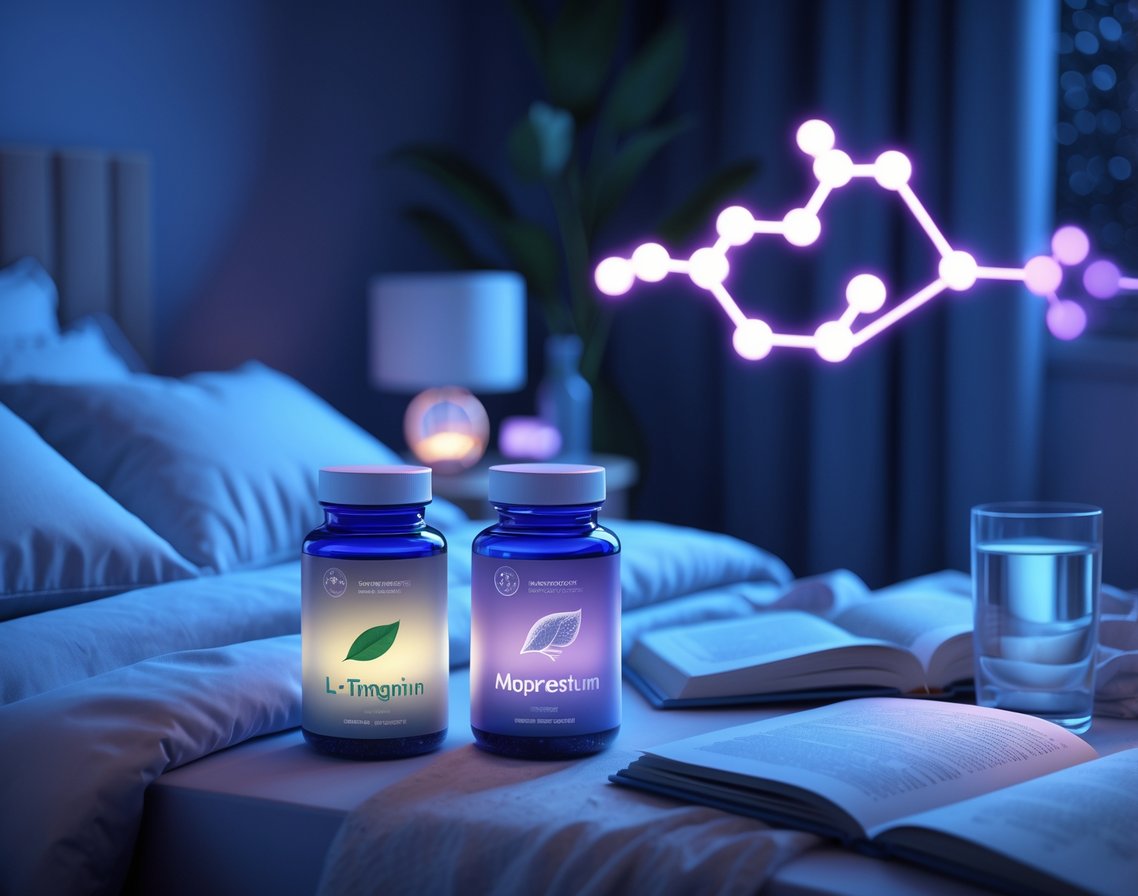 A peaceful bedroom at night with supplement bottles, a digital clock, a glass of water on a bedside table, and glowing molecular structures floating in the background.