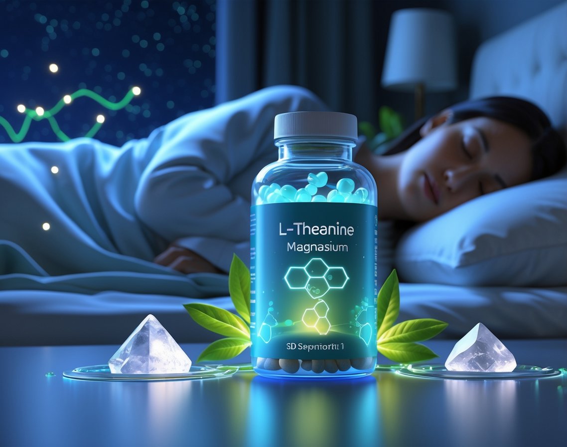 A peaceful bedroom scene at night with a glowing bottle surrounded by natural elements and a sleeping person resting calmly on a bed.