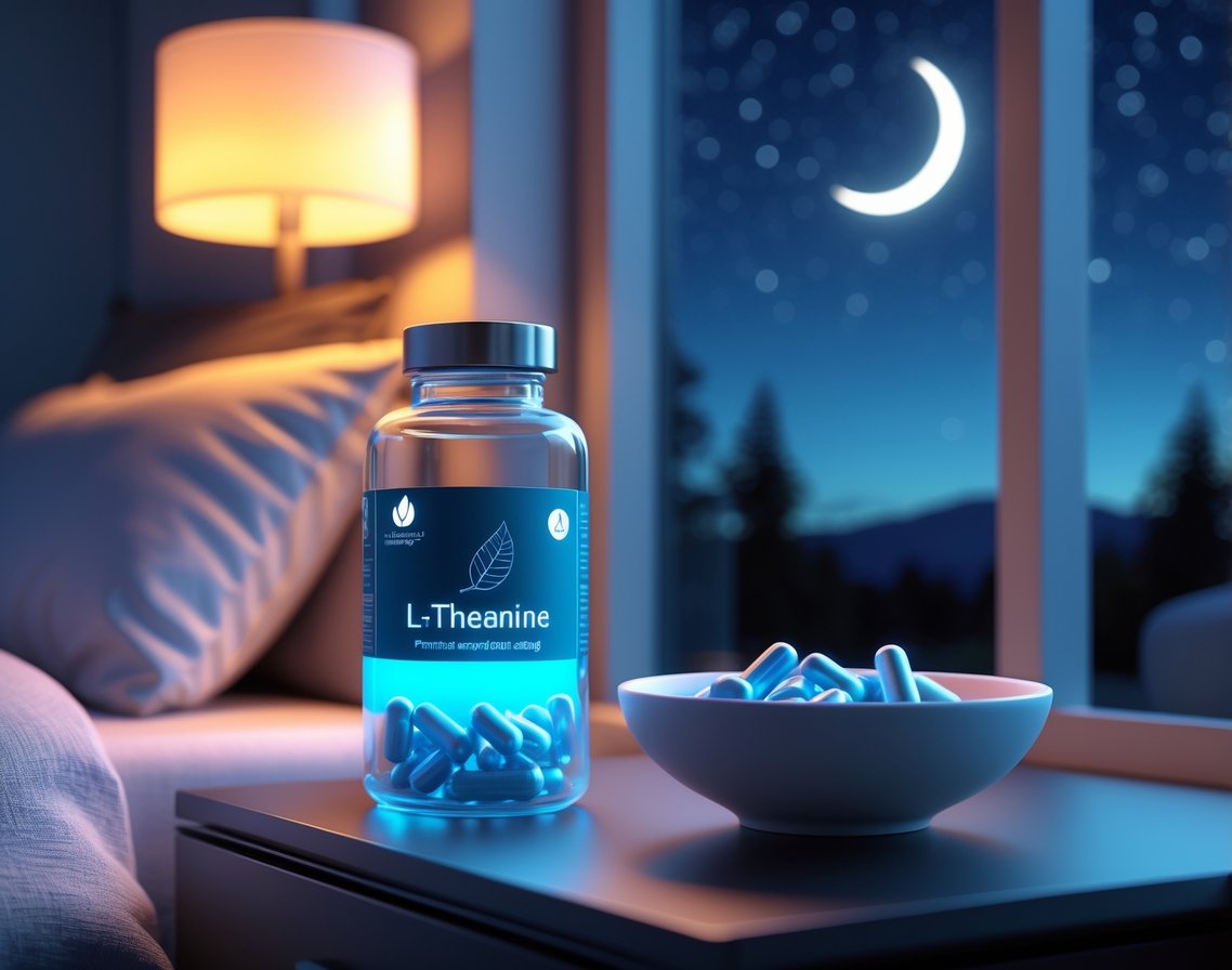 A bedside table with a glass bottle of L-Theanine capsules and a bowl of magnesium tablets next to a cozy bed under a starry night sky.
