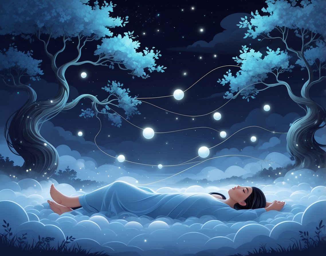 A peaceful figure resting on glowing clouds surrounded by floating light orbs under a starry night sky with glowing trees in the background.