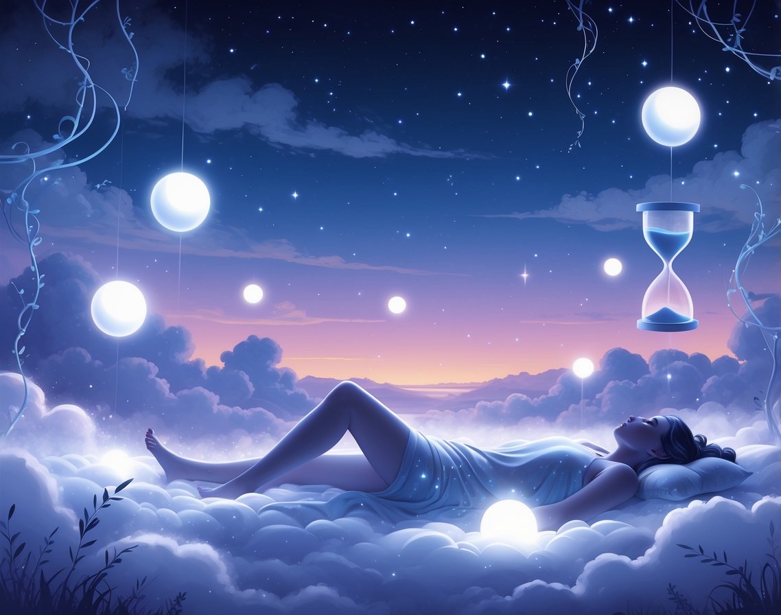 A peaceful figure resting on glowing clouds surrounded by floating orbs of light and translucent clocks, under a twilight sky filled with stars and mist.
