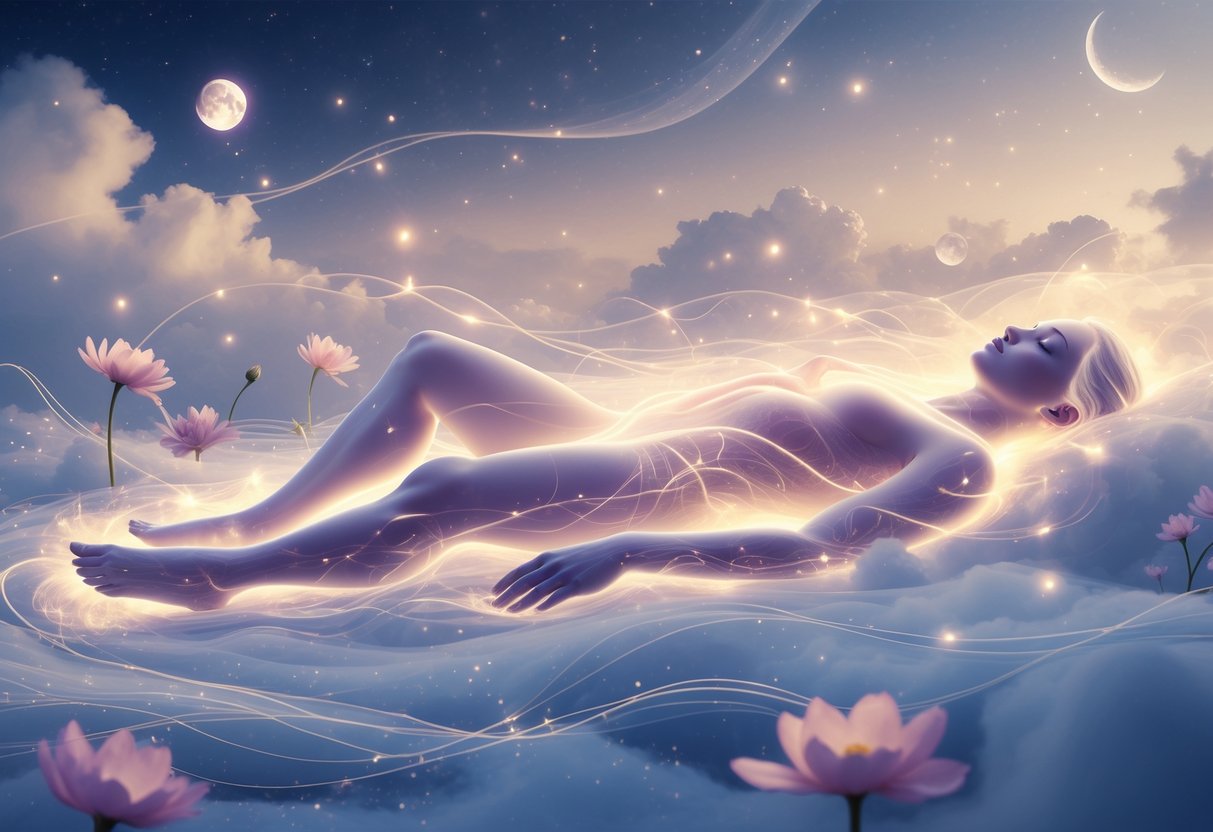 A glowing translucent human figure lying peacefully surrounded by swirling light and mist in a dreamlike landscape with floating orbs and soft clouds.