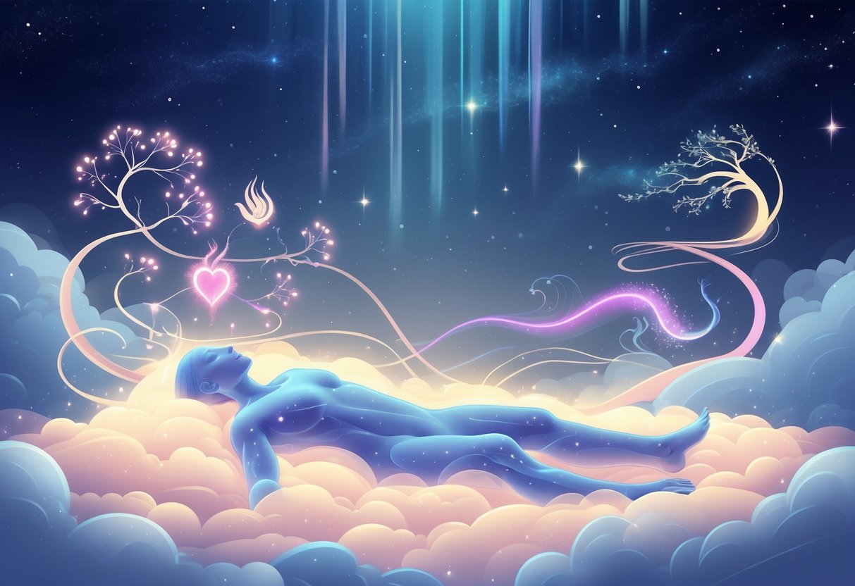 A glowing human figure resting peacefully surrounded by soft clouds and streams of light representing healing and rejuvenation, set against a starry night sky.