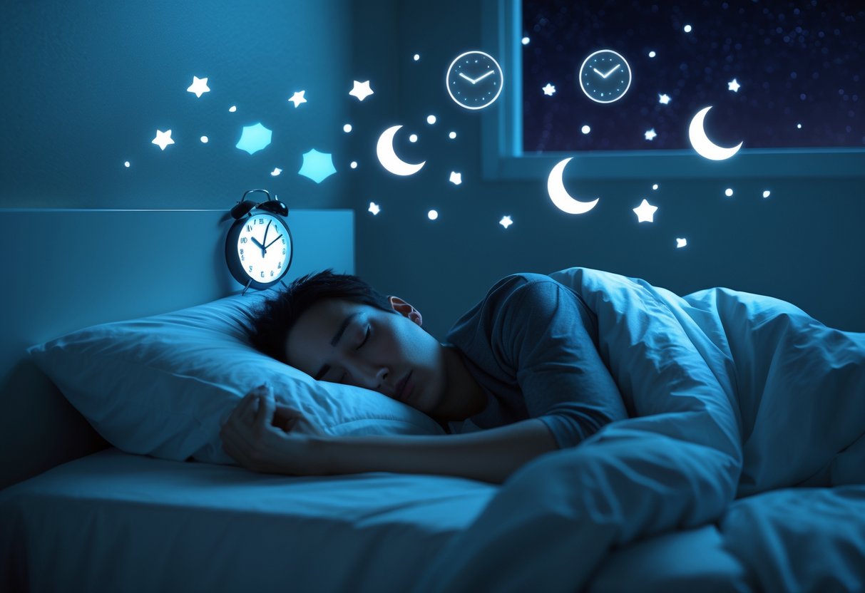 A person lying awake in bed at night looking tired and restless with a digital clock showing early morning time and faint clock and moon icons around them.