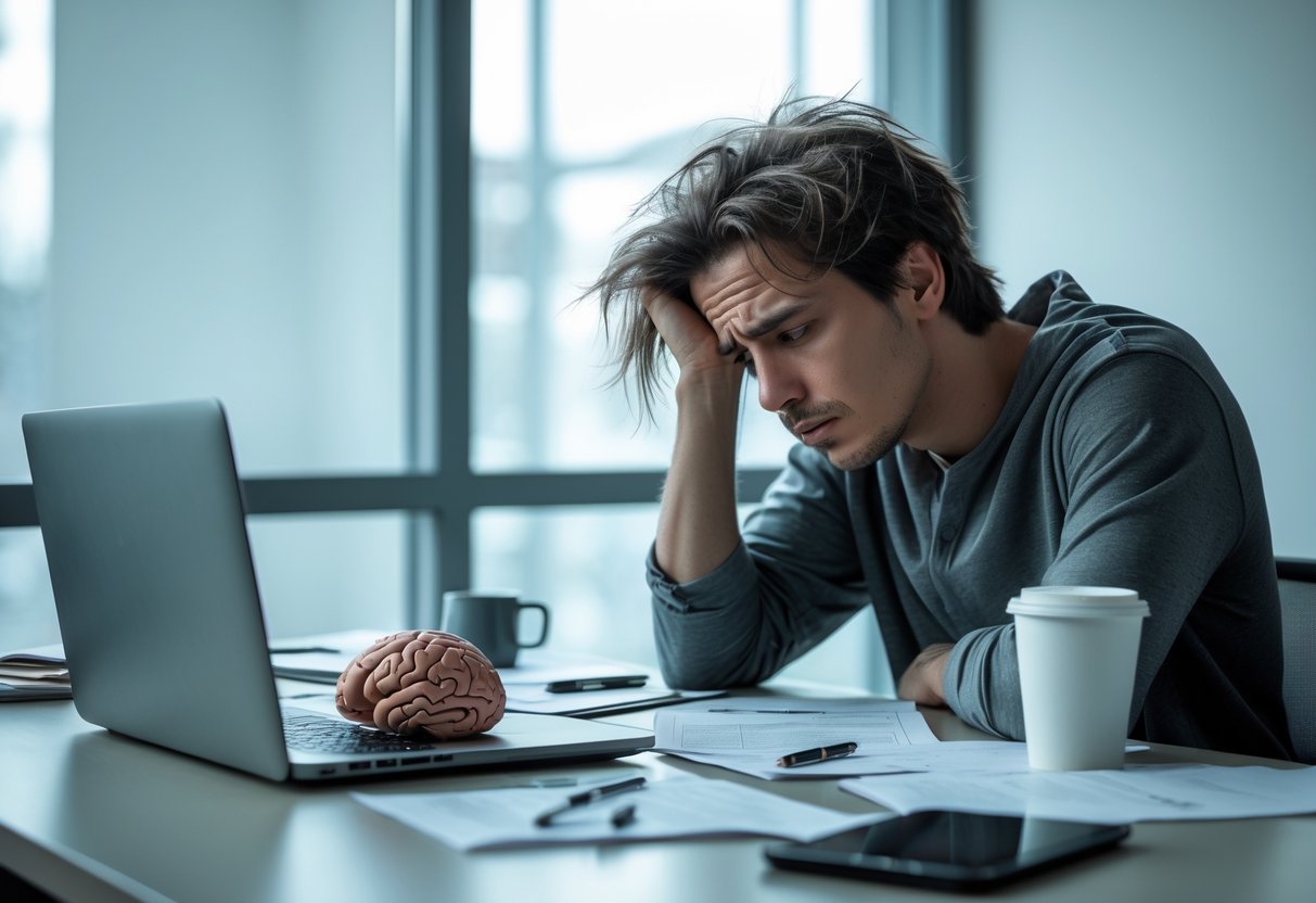 A tired young adult sitting at a desk with a laptop and papers, showing signs of mental fatigue and difficulty concentrating.