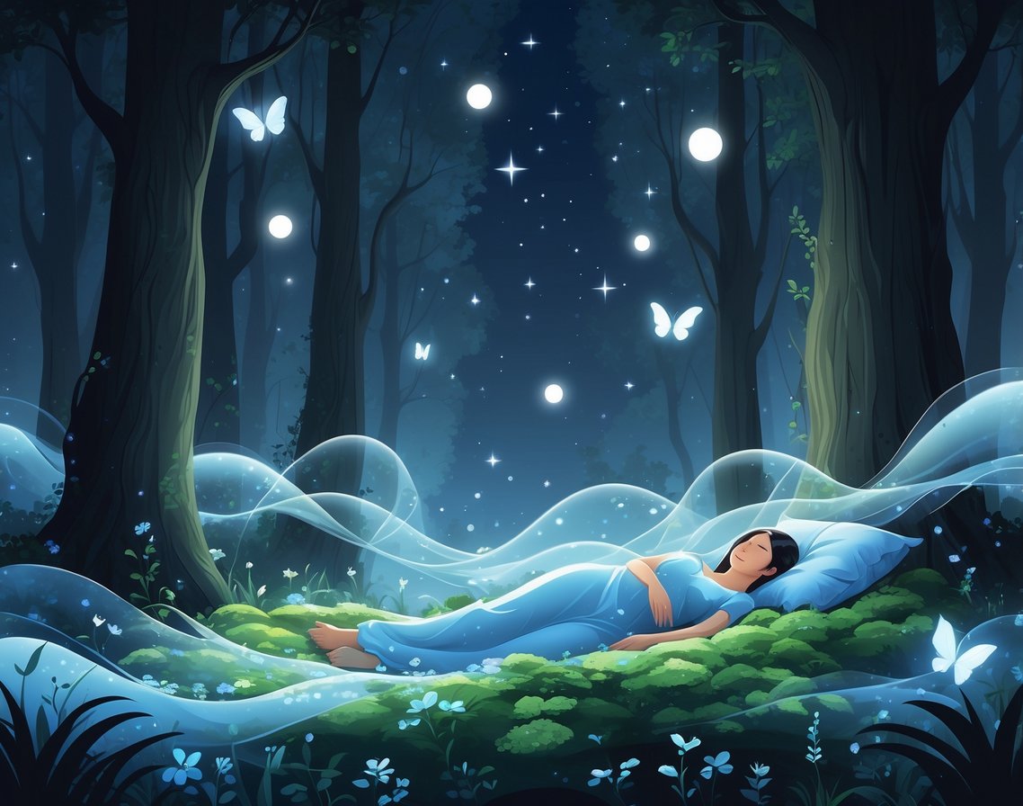 A peaceful figure resting in a glowing forest surrounded by soft lights and mist, symbolizing calm and restful sleep.