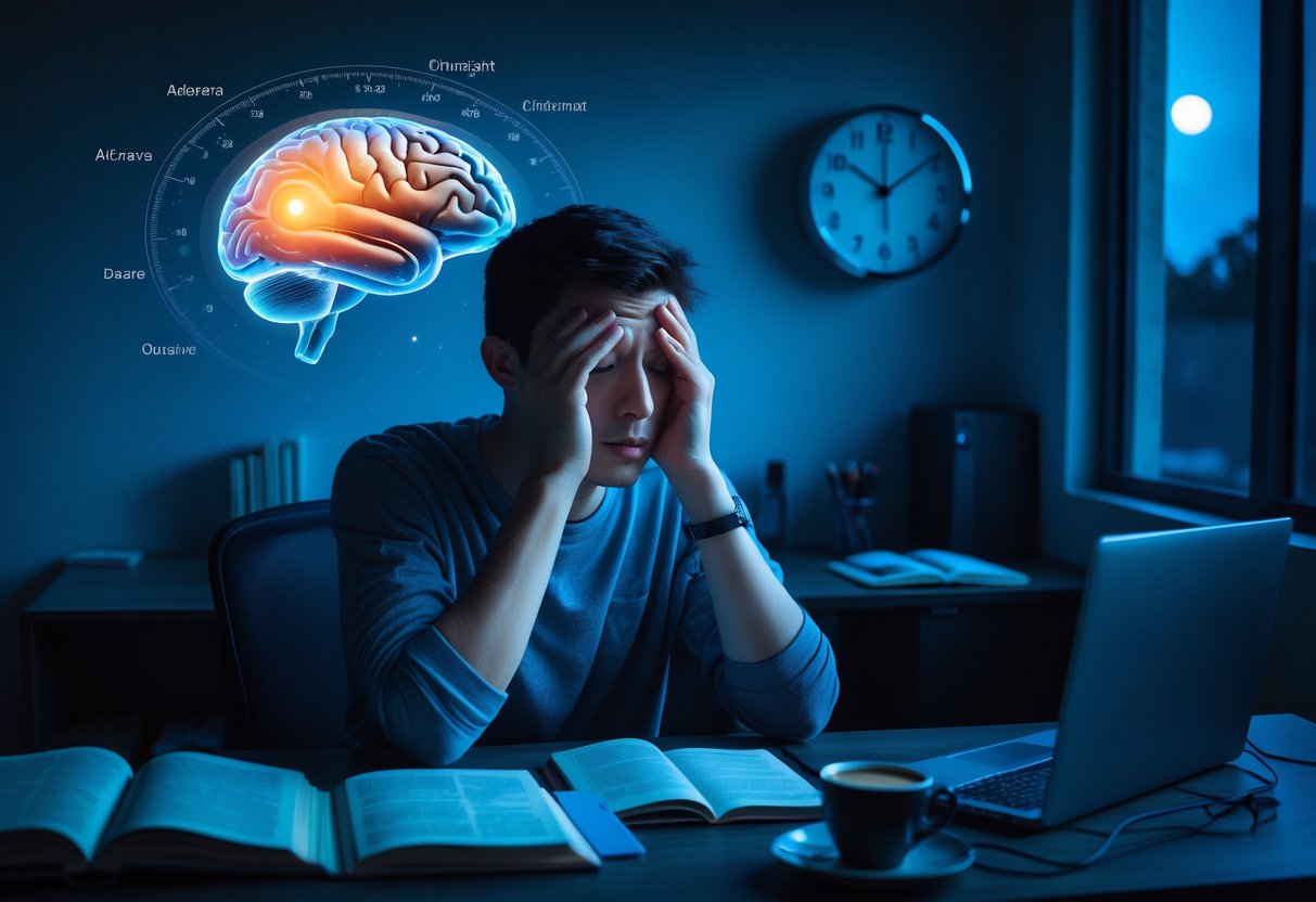 A tired young adult rubbing their eyes at a desk late at night with a clock showing late hours and a window with a dark sky outside.