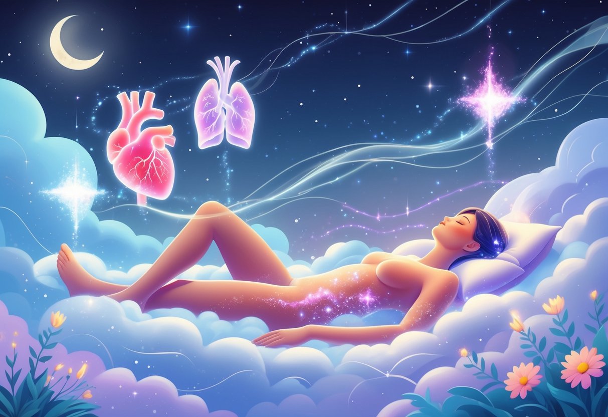 A peaceful figure resting on glowing clouds surrounded by glowing, translucent organs and flowing stardust, set against a twilight sky with stars and a crescent moon.