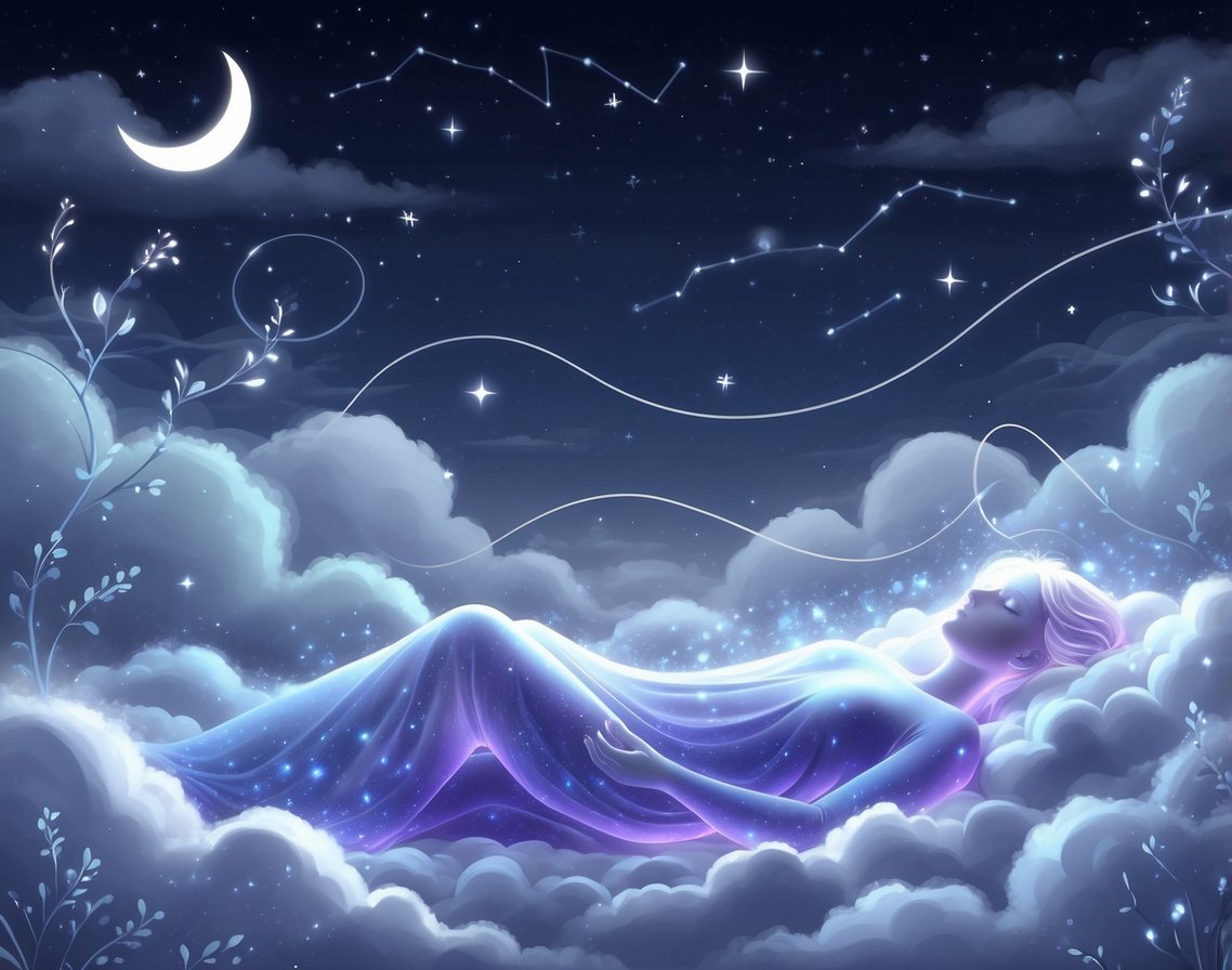 A peaceful glowing figure resting on soft clouds under a starry night sky with flowing light streams and glowing flowers around.