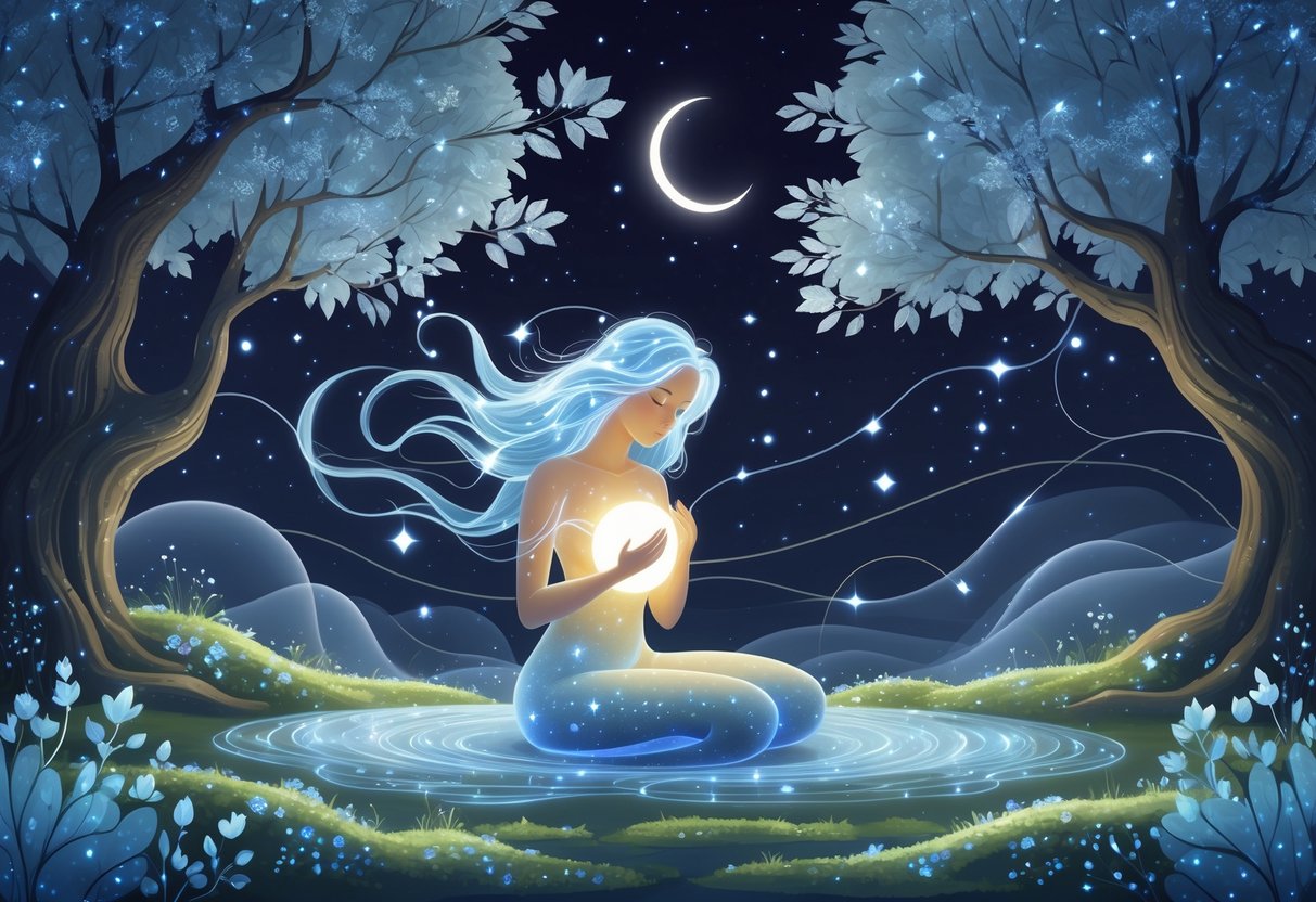 A glowing ethereal figure holding a luminous orb surrounded by softly glowing forest trees, flowers, and a crescent moon in the night sky.