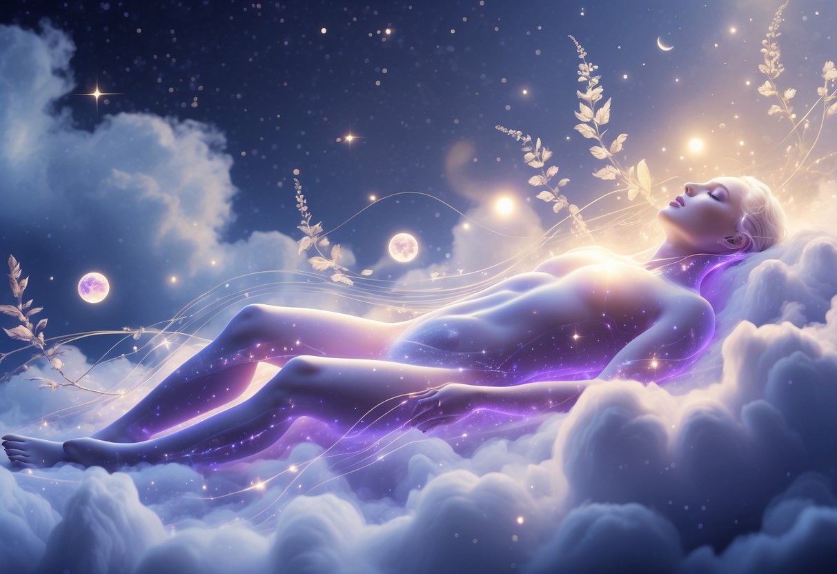 A glowing human figure resting peacefully on soft clouds, surrounded by flowing light and floating glowing orbs under a starry night sky.