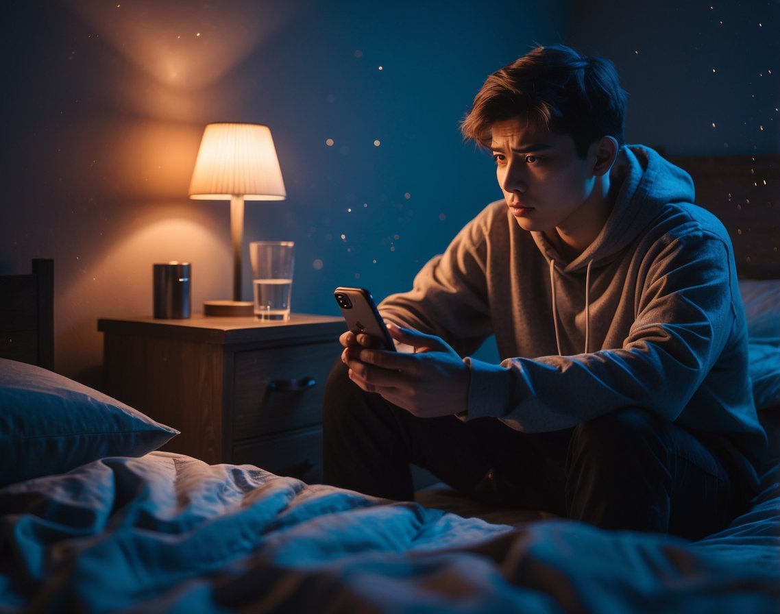 A tired young adult sitting on the edge of a bed at night, holding a smartphone in a dimly lit bedroom.